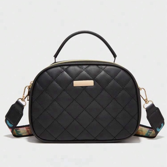 Handbags - Quilted Square Bag Metal Decor PU Black Zipper